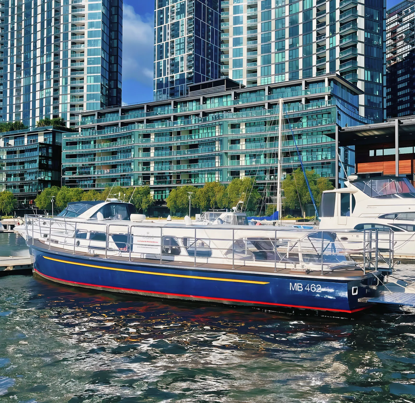 Elizabeth Anne berthed at the NewQuay Docklands pontoon, her navy hull and gold stripe against the apartment towers
